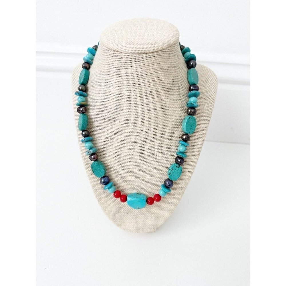 NWT Genuine Turquoise, Red Turquiose & Black Pearls Necklace Beaded